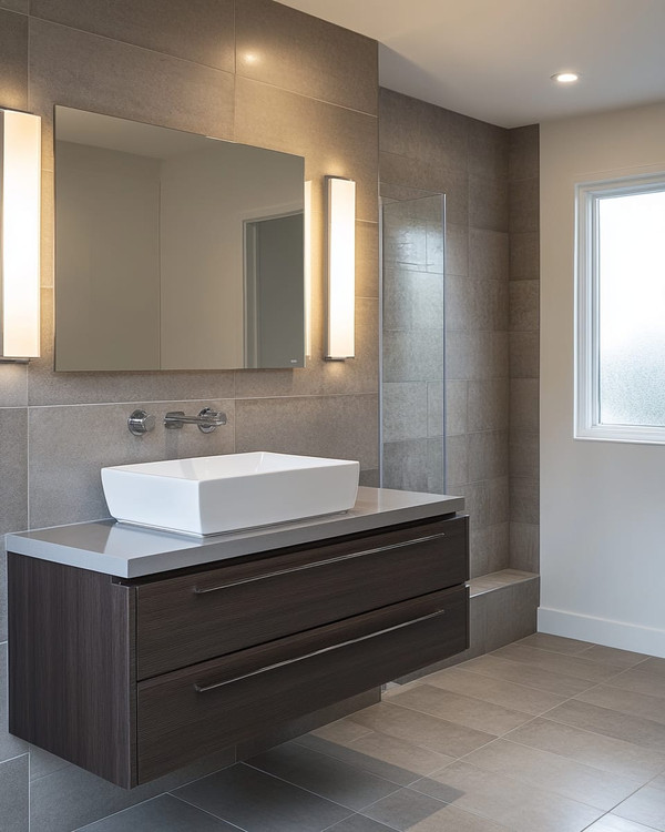 Modern bathroom with a floating dark wood vanity, white vessel sink, and large format grey wall tiles. Integrated LED mirror lighting and recessed ceiling lights illuminate the space, complemented by polished chrome fixtures.