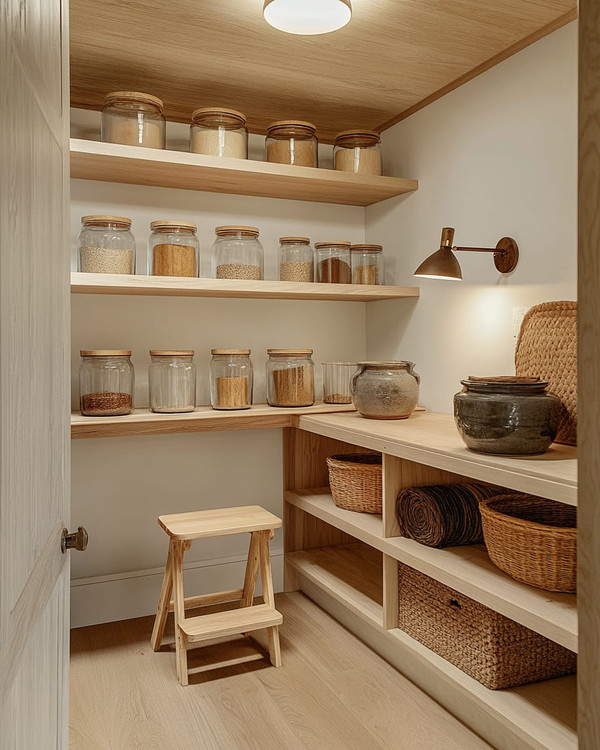 A bright Scandinavian pantry with open birch wood shelving, featuring a mix of modern glass jars with wooden lids and vintage ceramic crocks. A small wooden step stool sits on a light oak floor, with a modern ceiling light and a vintage-style task lamp providing illumination.