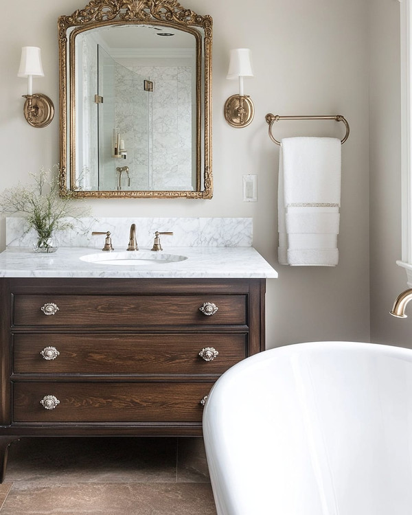 Traditional bathroom featuring a white clawfoot tub, a dark wood console vanity with a Carrara marble top, polished nickel fixtures, and an ornate gilded mirror above the sink, all under warm sconce lighting.