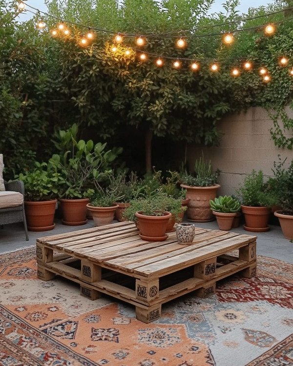 A budget-friendly Boho Backyard featuring a low wooden pallet coffee table, layered vintage rugs in muted terracotta and beige, and an assortment of potted green plants in upcycled terra cotta and ceramic containers, all illuminated by warm solar string lights strung overhead.