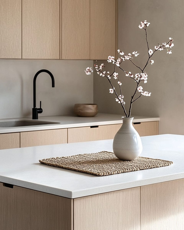 A serene Japandi kitchen featuring light ash wood cabinetry, a white quartz countertop, and minimalist black metal fixtures. A single ceramic vase holds delicate cherry blossom branches, and a natural woven placemat sits on the island.