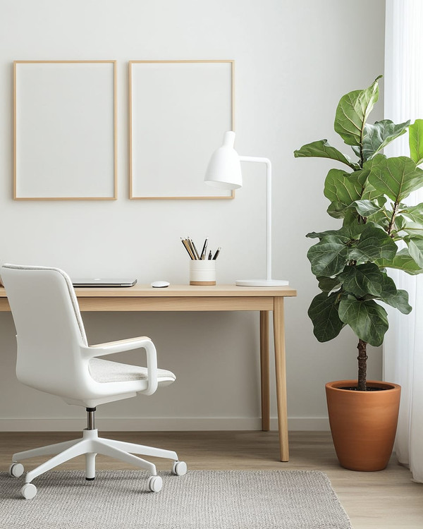 A bright Scandinavian home office featuring a light oak desk, a white ergonomic chair, and a minimalist white floor lamp. A large fiddle leaf fig plant in a terracotta pot sits beside the desk, complementing the warm grey rug and muted artwork leaning against the wall.