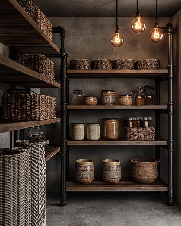 An industrial pantry featuring unfinished oak shelves, dark steel piping supports, and a polished concrete floor. Exposed Edison bulb pendants hang from the ceiling, illuminating woven wicker baskets and ceramic canisters in earthy tones.