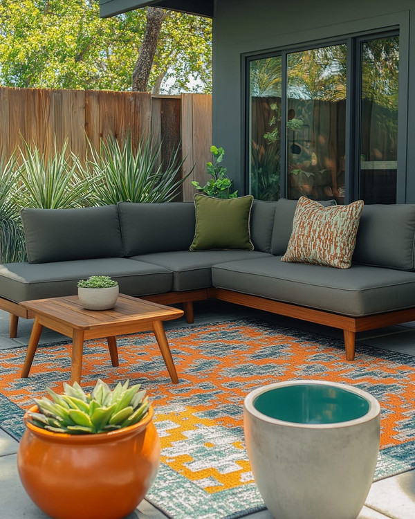 A family-friendly Mid-Century Modern patio featuring a low-profile charcoal grey L-shaped sectional with olive green performance fabric cushions, a geometric outdoor rug in burnt orange and teal, and teak wood accent tables. Large, sculptural ceramic planters with pet-safe plants are arranged around the seating area, with a subtle concrete water bowl for pets integrated into the design.