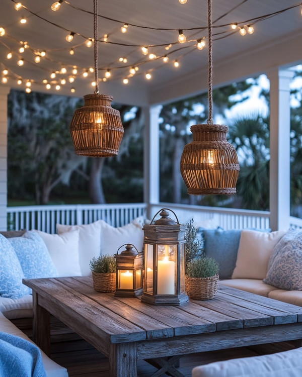A coastal patio at dusk with warm string lights strung overhead, rattan pendant lights, and hurricane lanterns on a weathered wood table, surrounded by comfortable white cushions and soft blue throws.