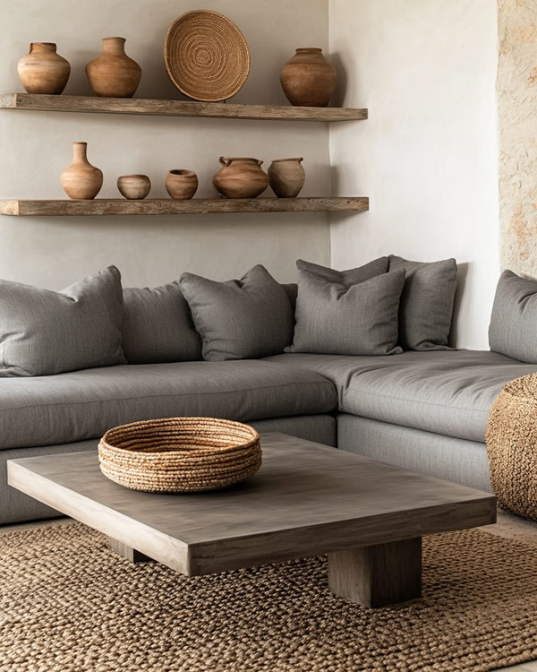 A Modern Craft living room with a large, comfortable sectional sofa in a warm grey performance fabric, an oak coffee table with a matte finish, and a woven jute rug. Walls are painted in a soft off-white, complemented by shelves displaying hand-thrown ceramic vases and a large woven basket for storage.