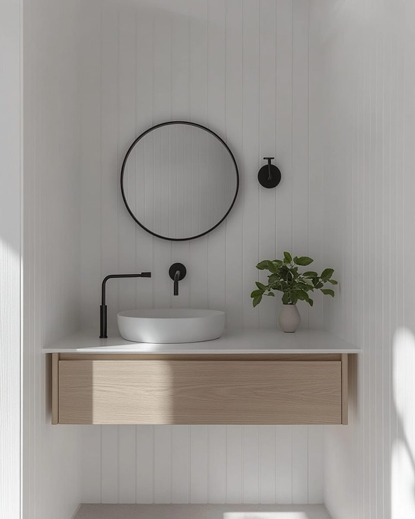A bright Scandinavian powder room with white walls, a light wood floating vanity, a minimalist round mirror, and a single black wall-mounted faucet, accented by a small green plant.