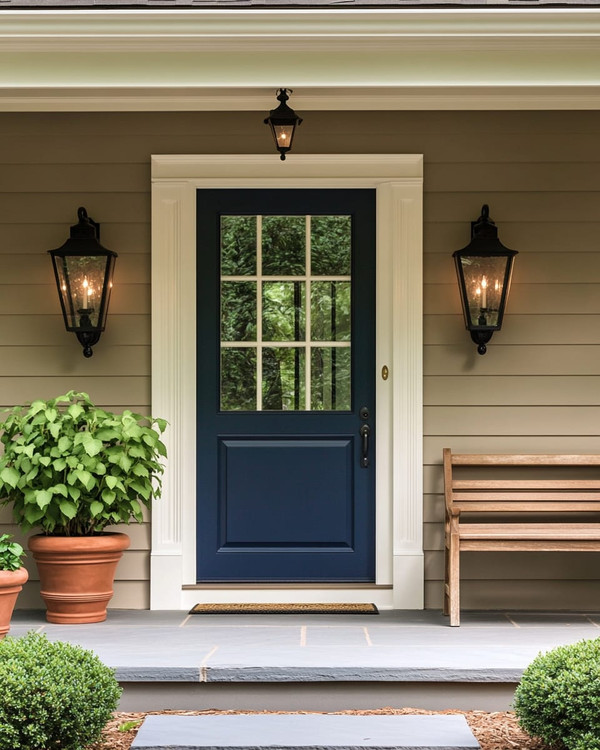 A cozy traditional exterior featuring a warm gray facade with creamy white trim, a deep blue front door, and classic black lantern sconces flanking the entrance. Potted green plants in terracotta pots sit on either side of the door, and a traditional wooden bench offers a welcoming touch.