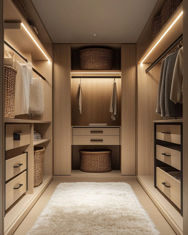 A modern walk-in closet with light oak cabinetry, integrated warm LED lighting, and a cream plush rug. Woven rattan baskets and matte black hardware add a cozy, inviting feel to the organized space.