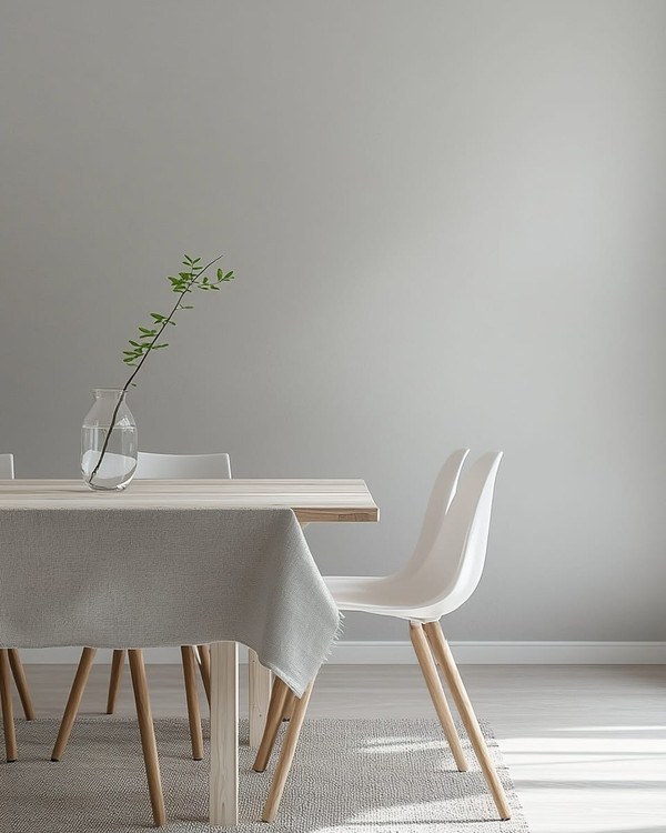 A bright Scandinavian dining room featuring a light birch wood dining table, minimalist white chairs, a simple linen tablecloth, and a clear glass vase with a single green branch, all set against soft grey walls.