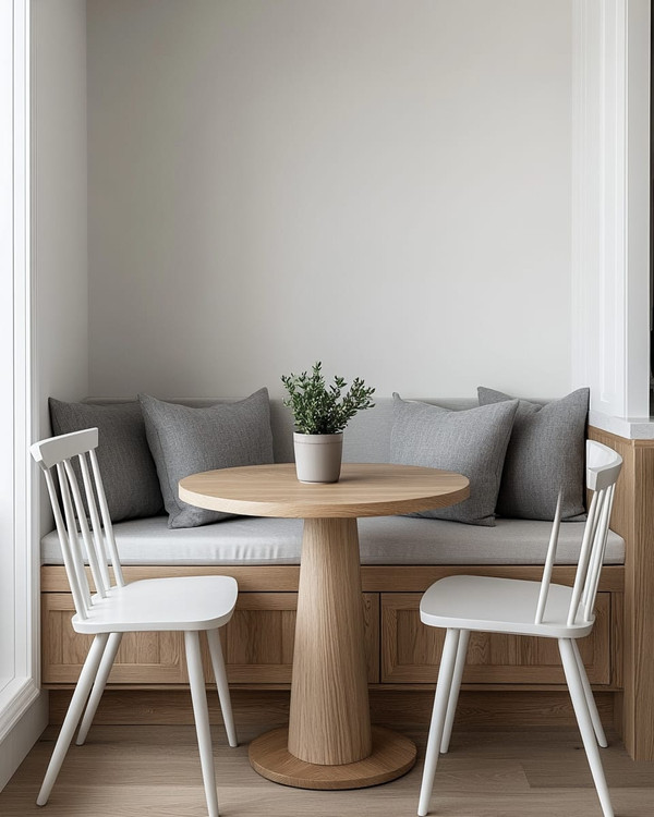 A small, bright Scandinavian breakfast nook featuring a light wood pedestal table, two minimalist white chairs, and a built-in banquette with grey linen cushions. A small potted plant sits on the table, and white walls create an airy, open feel.