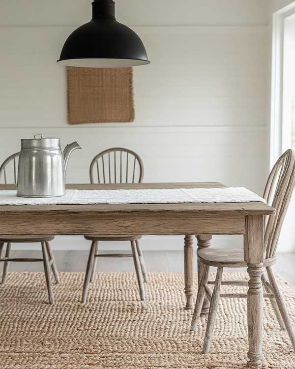 A bright farmhouse dining room featuring a distressed oak dining table, spindle-back chairs, and a woven rug. A large, vintage-inspired matte black pendant light hangs above, with a galvanized metal pitcher and white linen runner on the table. Walls are painted in a creamy off-white.