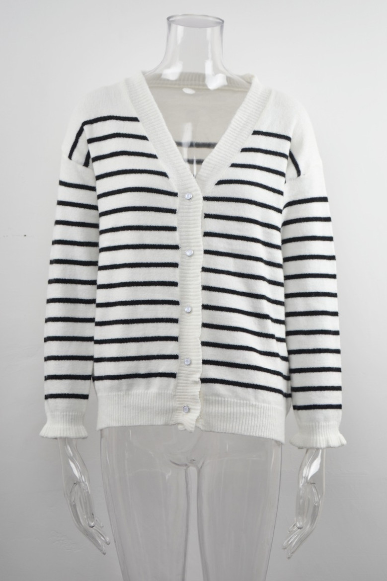 Autumn New Two Colors Stretch V-Neck Single-Breasted Frill Trim Stylish Striped Knits
