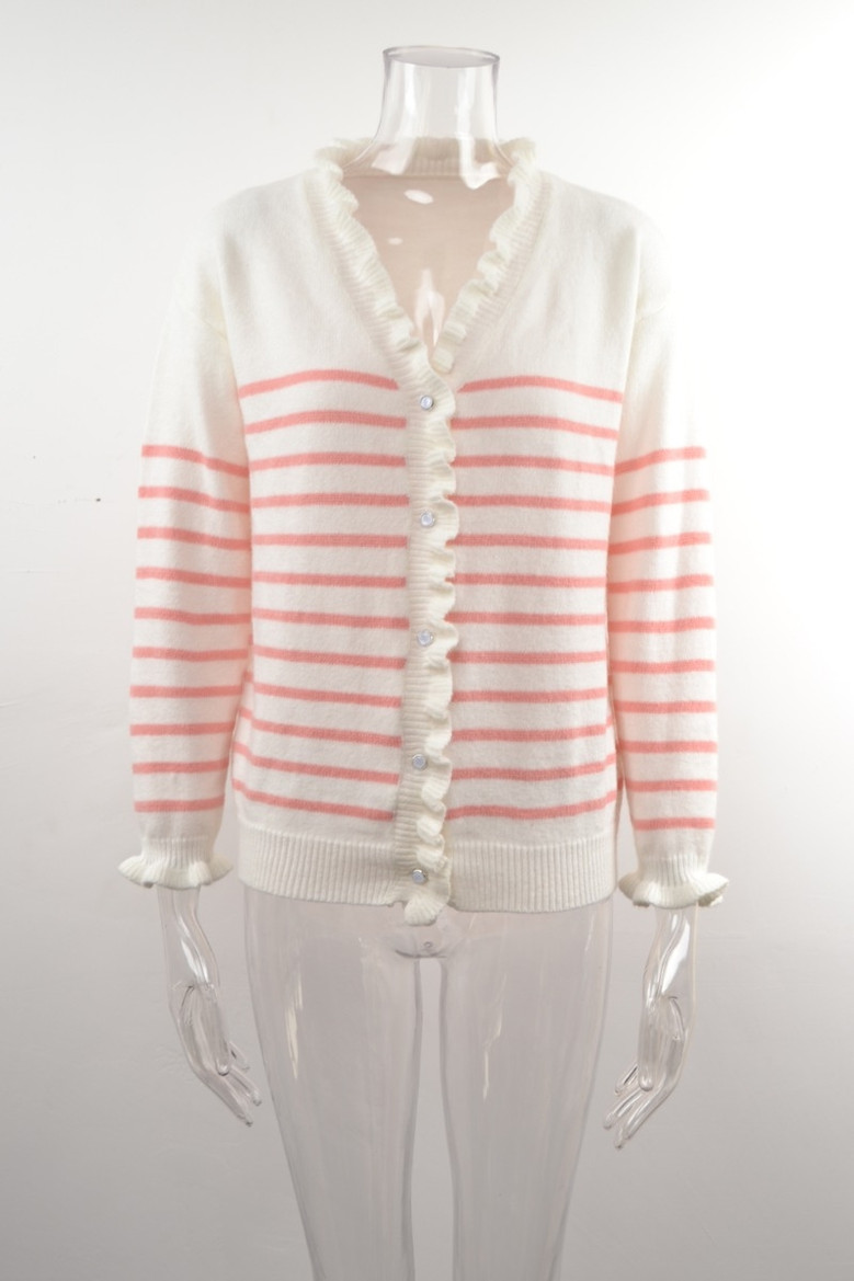 Autumn New Two Colors Stretch V-Neck Single-Breasted Frill Trim Stylish Striped Knits