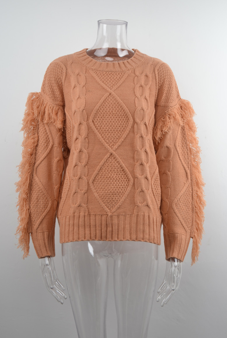Autumn Winter New Solid Color Stretch Knitted Tassels Sleeve Stylish Sweater