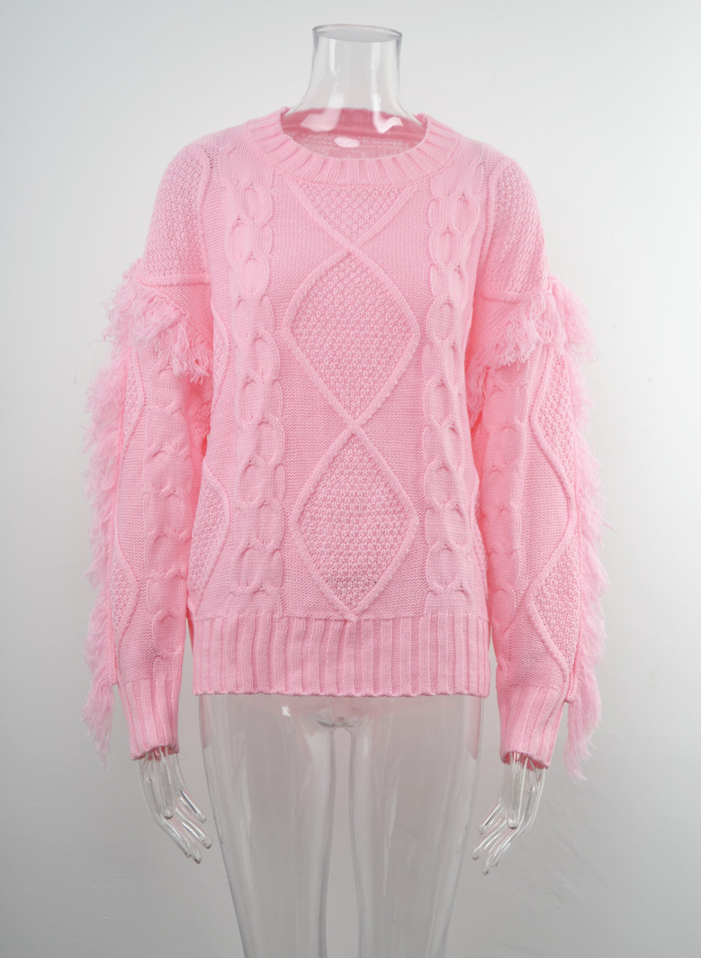 Autumn Winter New Solid Color Stretch Knitted Tassels Sleeve Stylish Sweater