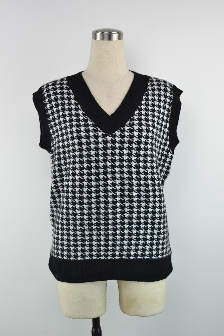 New Two Colors Houndstooth Knitted Stretch V-Neck Stylish Vest