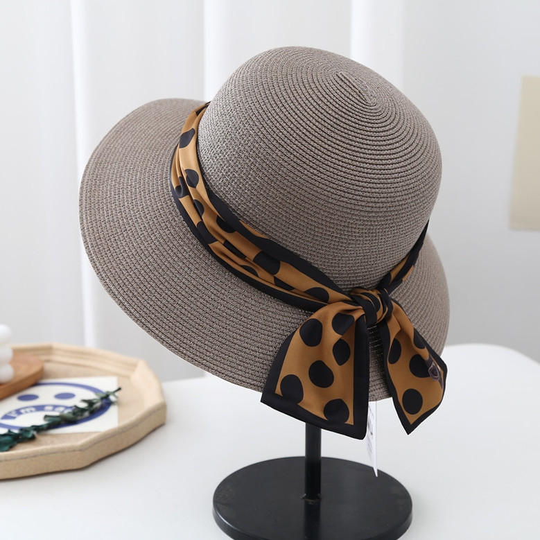 One Pc Summer Fashion 8 Colors Polka Dot Ribbon Decor Beach Elegant Sun Protection Outdoor Straw Hat 56-58Cm