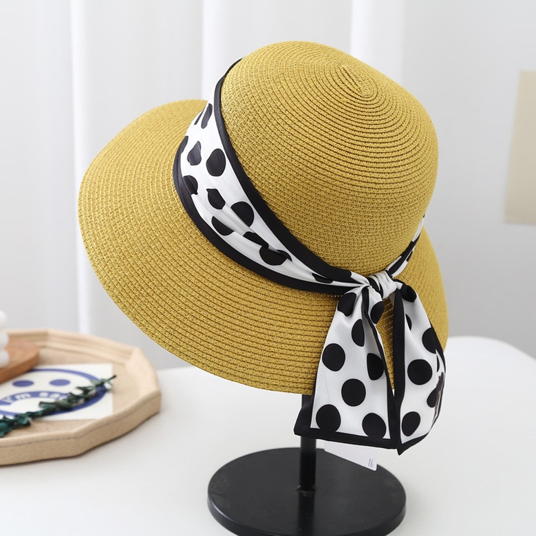One Pc Summer Fashion 8 Colors Polka Dot Ribbon Decor Beach Elegant Sun Protection Outdoor Straw Hat 56-58Cm