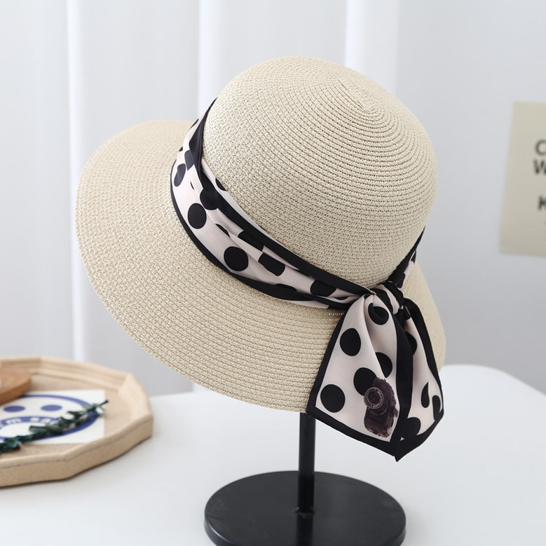 One Pc Summer Fashion 8 Colors Polka Dot Ribbon Decor Beach Elegant Sun Protection Outdoor Straw Hat 56-58Cm