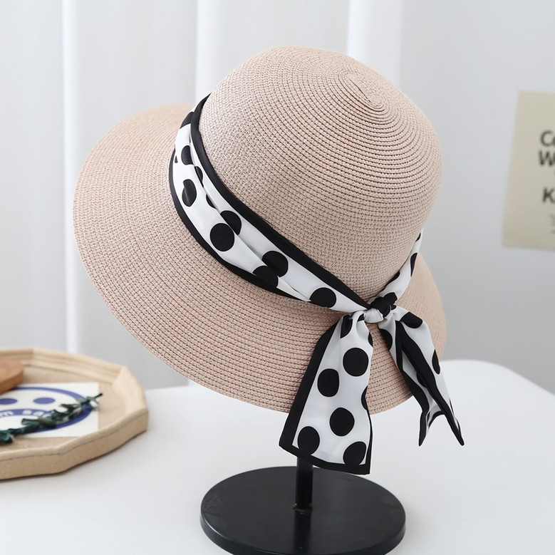 One Pc Summer Fashion 8 Colors Polka Dot Ribbon Decor Beach Elegant Sun Protection Outdoor Straw Hat 56-58Cm