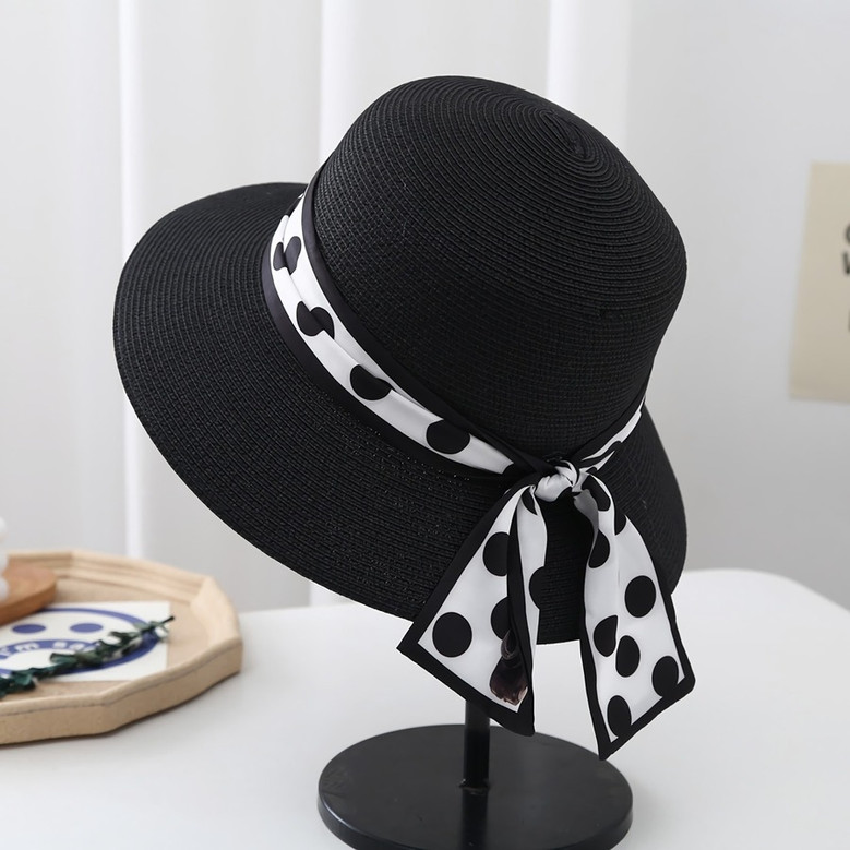 One Pc Summer Fashion 8 Colors Polka Dot Ribbon Decor Beach Elegant Sun Protection Outdoor Straw Hat 56-58Cm
