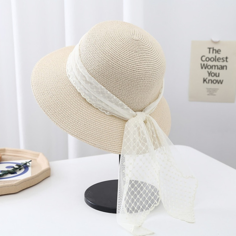 One Pc Summer New 5 Colors Lace Decor Beach All-Matched Vacation Style Shaded Outdoor Straw Hat 56-58Cm