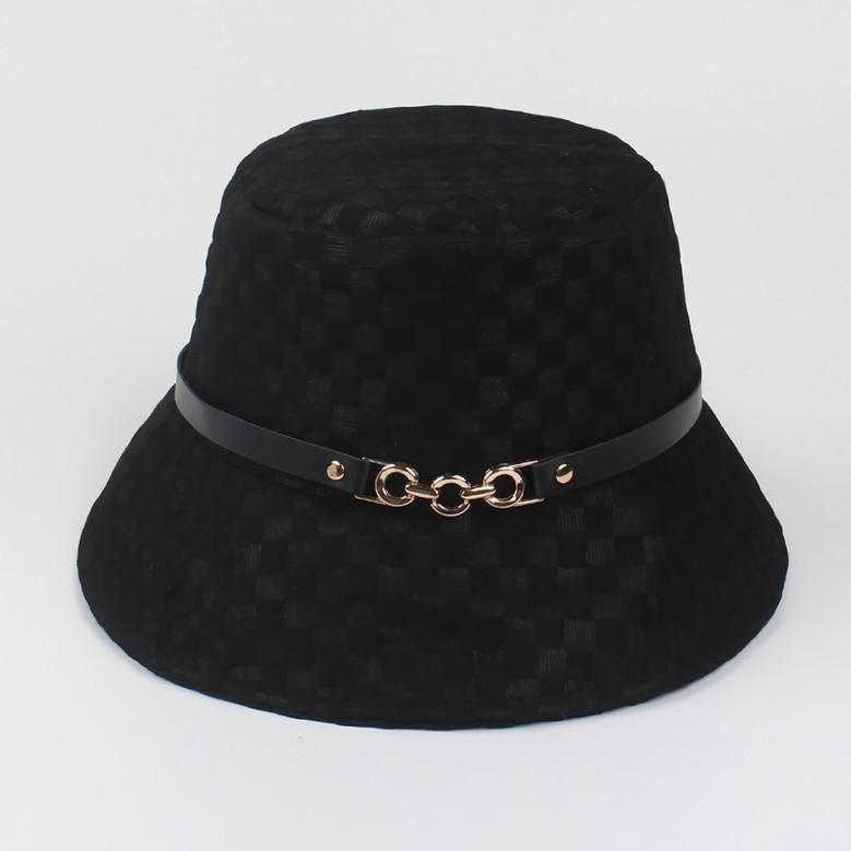 One Pc Summer New Plaid Belt Buckle Decor Mesh Inside Breathable Adjustable Fashion Sun Protection Outdoor Bucket Hat 56-58Cm