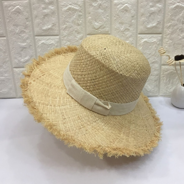 One Pc Summer Raffia Weave Bowknot Raw Edge Adjustable Holiday Style Sun Protection Seaside Beach Straw Hat 54-58Cm