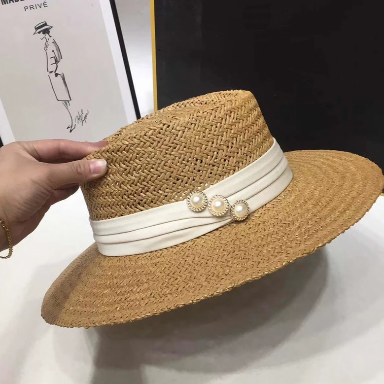 One Pc Summer Weave 3 Colors Solid Pearl Decor Vintage Elegant Adjustable Vacation Style Shaded Seaside Beach Straw Hat 54-58Cm