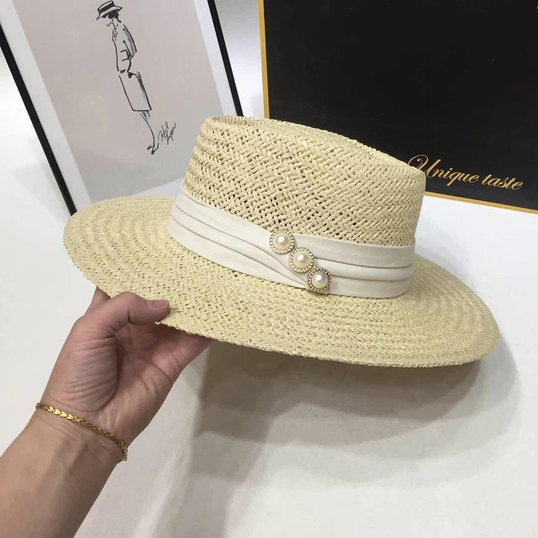 One Pc Summer Weave Flat Top Pearl Decor Vintage Elegant Adjustable Holiday Style Shaded Seaside Beach Straw Hat 54-58Cm