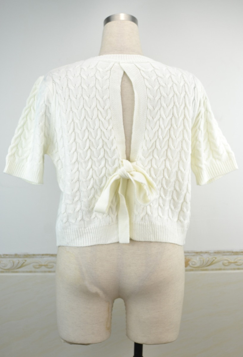 Solid Color Stretch Knitted Back Knotbow Hollow Stylish Tops