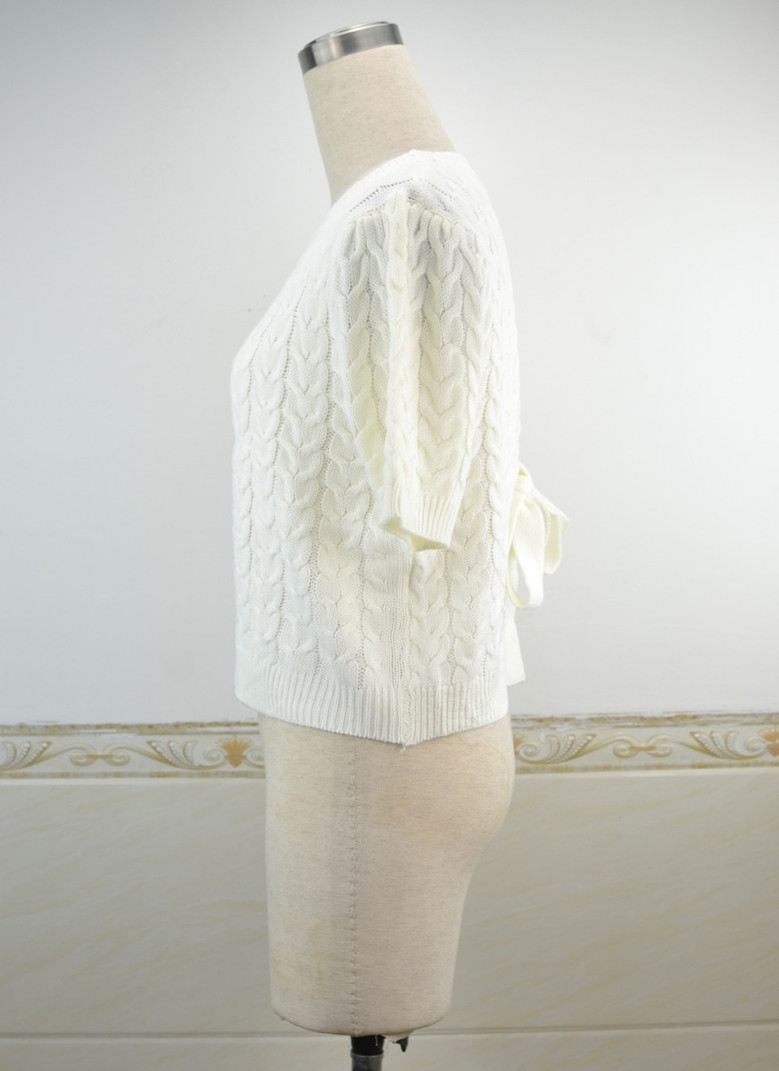 Solid Color Stretch Knitted Back Knotbow Hollow Stylish Tops