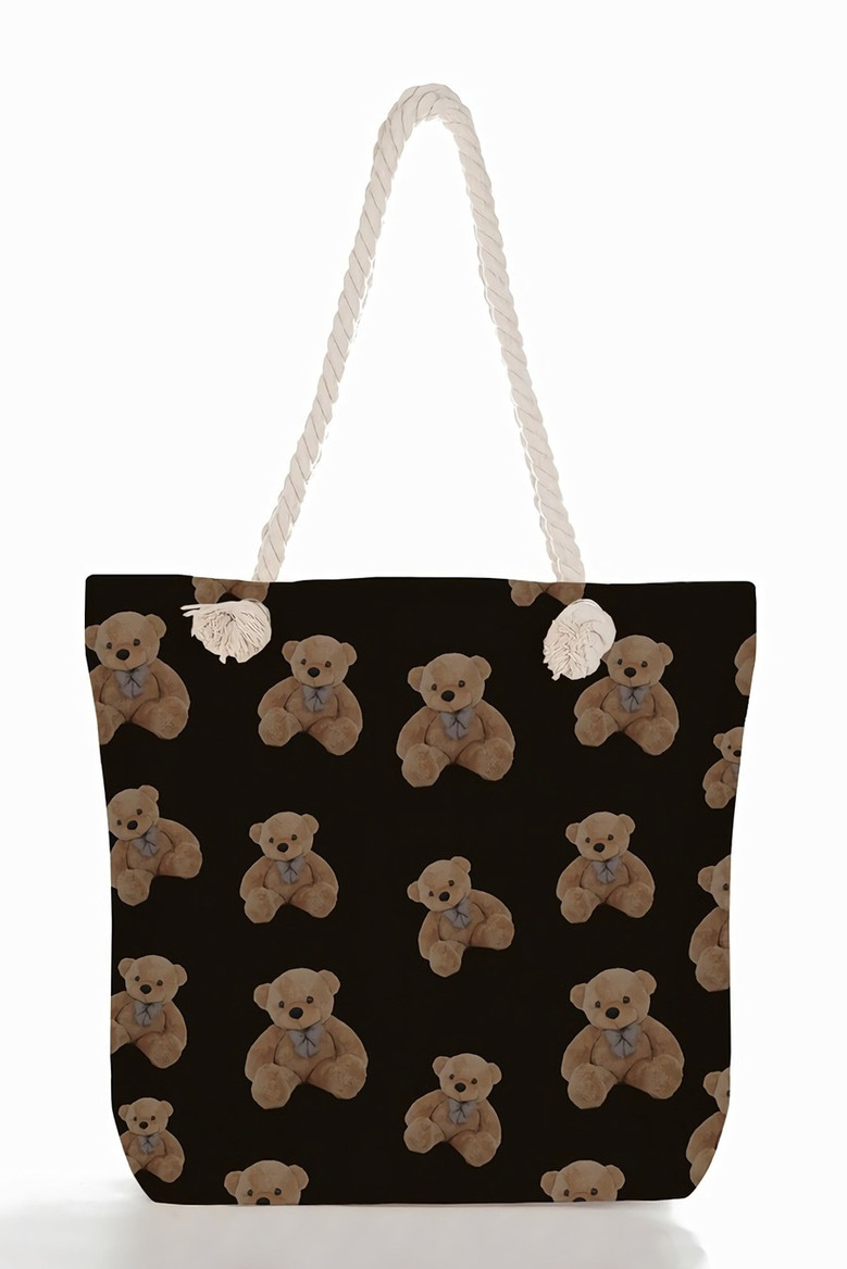 Stylish New Two Colors Cartoon Bear Batch Printing High-Capacity Zip-Up Shoulder Canvas Bag 42Cm(L)* 10Cm(W)* 37Cm(H)