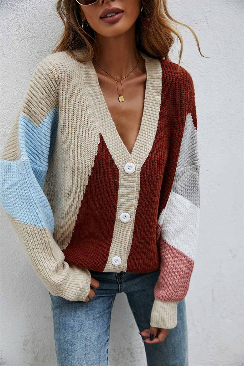Winter New Contrast Color Knitted Stretch V-Neck Single-Breasted Stylish Sweater 2#