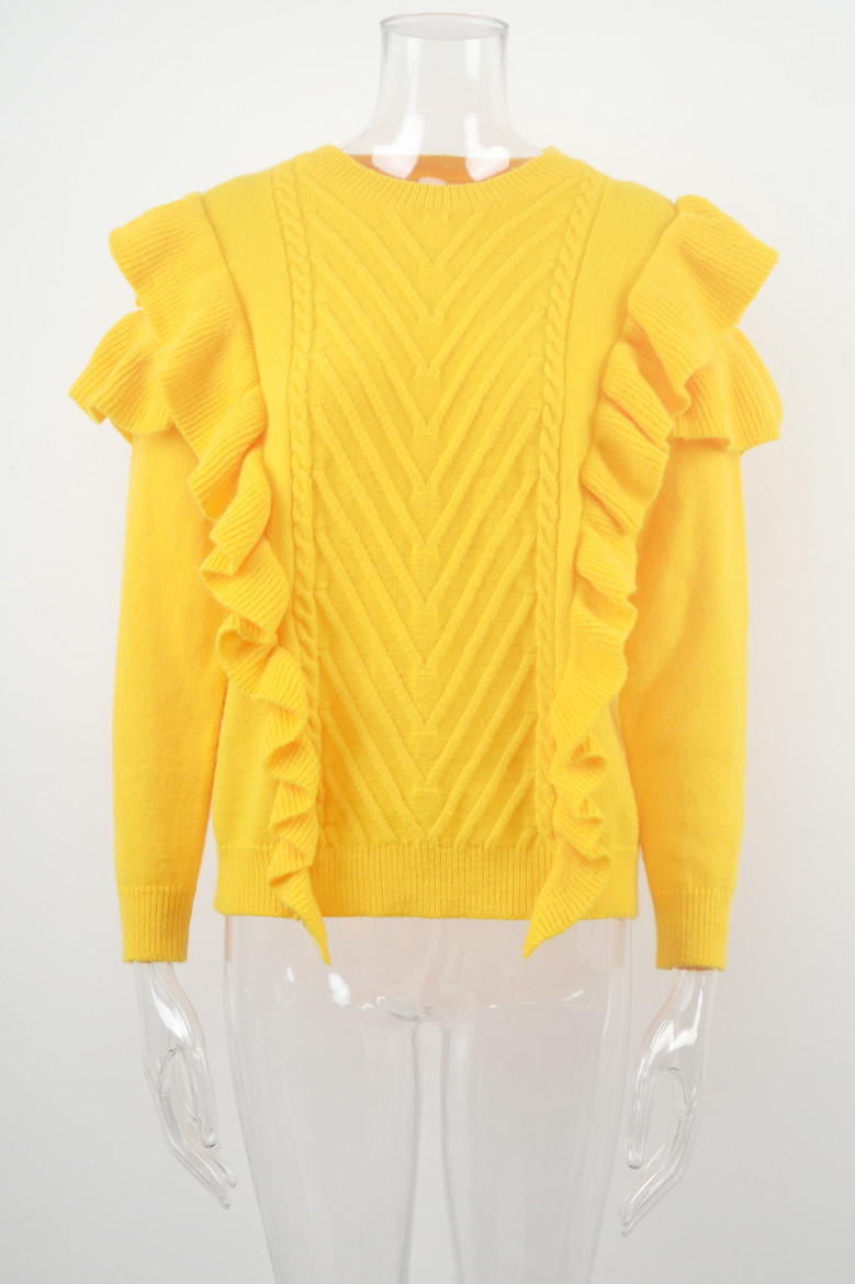 Winter New Solid Color Knitted Stretch Ruffle Stylish Trend Sweater