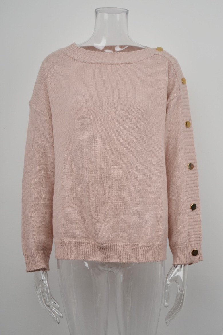 Winter New Solid Color Stretch Knitted Buttons Decor Sleeve Stylish Casual Sweater