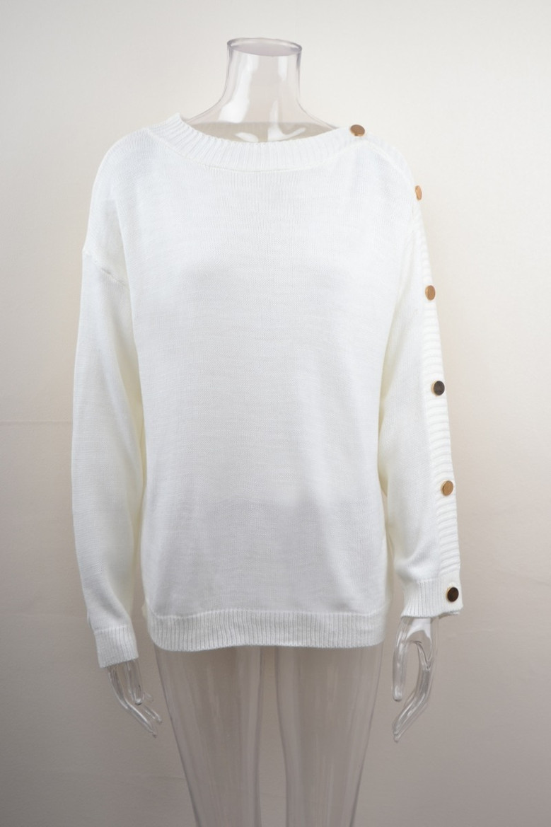 Winter New Solid Color Stretch Knitted Buttons Decor Sleeve Stylish Casual Sweater