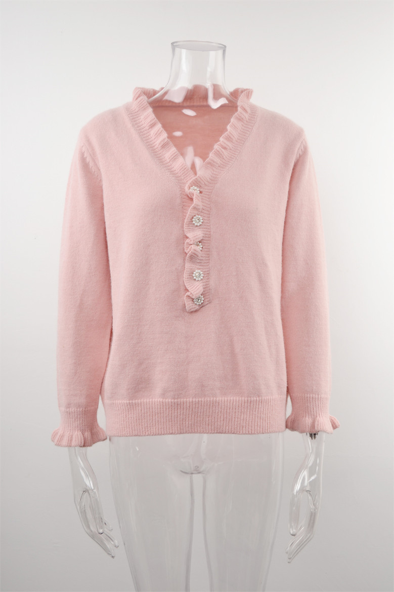 Winter New Solid Color Stretch Knitted V-Neck Buttons Decor Stylish Sweater