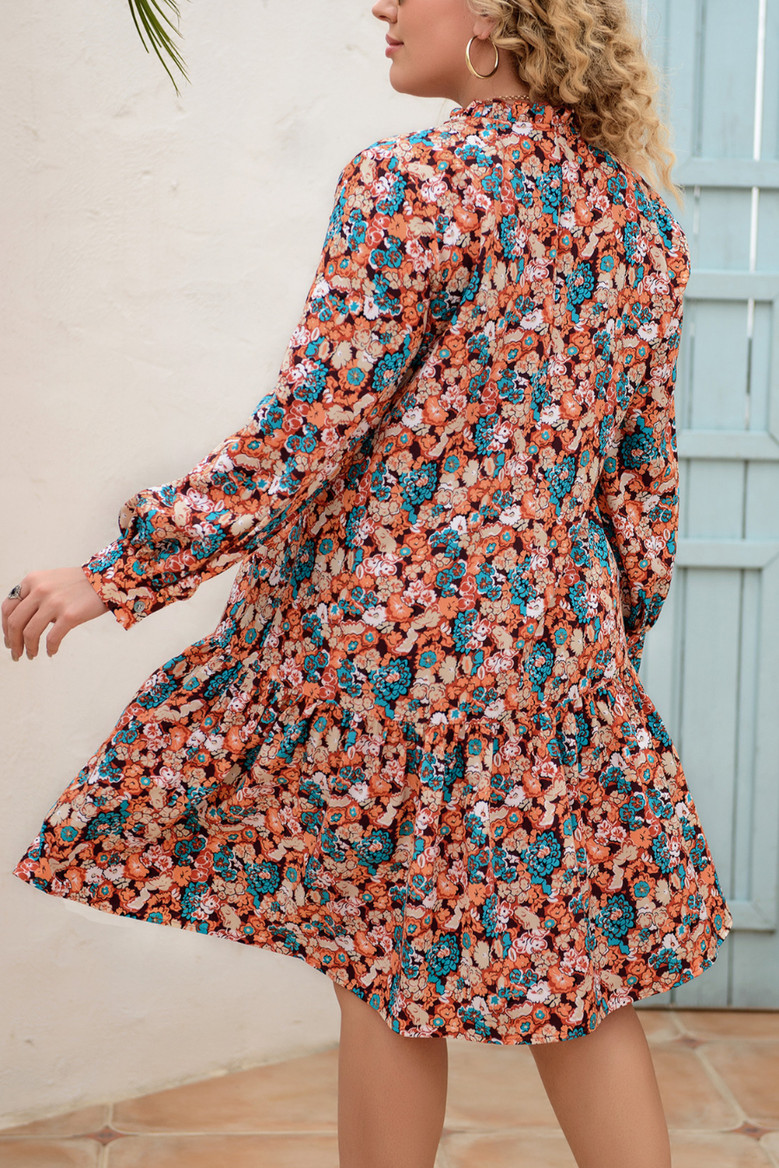 2Xl-5Xl Plus Size Early Autumn New Inelastic Multicolor Batch Printing Casual Midi Dress