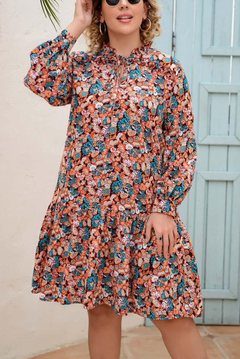 2Xl-5Xl Plus Size Early Autumn New Inelastic Multicolor Batch Printing Casual Midi Dress