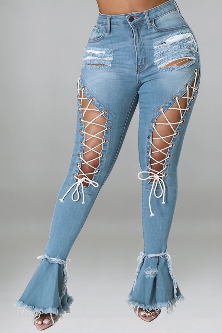 2Xl-5Xl Plus Size Summer New Solid Color Pockets Cutout Stylish Lace-Up Button Zip-Up Micro-Elastic Stretch Denim Flared Pants 2Xl-5Xl Plus Size Summer New Solid Color Pockets Cutout Stylish Lace-Up Button Zip-Up Micro-Elastic Stretch Denim Flared Pants