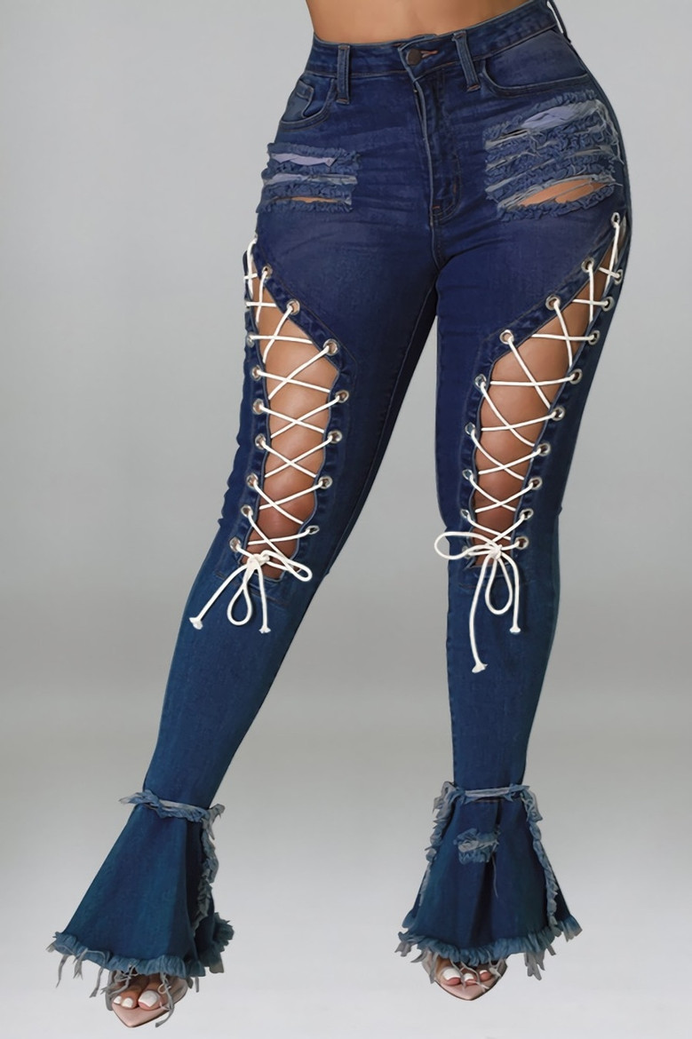 2Xl-5Xl Plus Size Summer New Solid Color Pockets Cutout Stylish Lace-Up Button Zip-Up Micro-Elastic Stretch Denim Flared Pants 2Xl-5Xl Plus Size Summer New Solid Color Pockets Cutout Stylish Lace-Up Button Zip-Up Micro-Elastic Stretch Denim Flared Pants