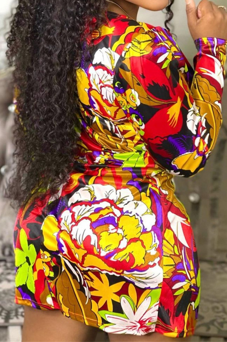 Autumn New Batch Printing Stretch Deep V Tie-Waist Tunic Sexy Mini Dress