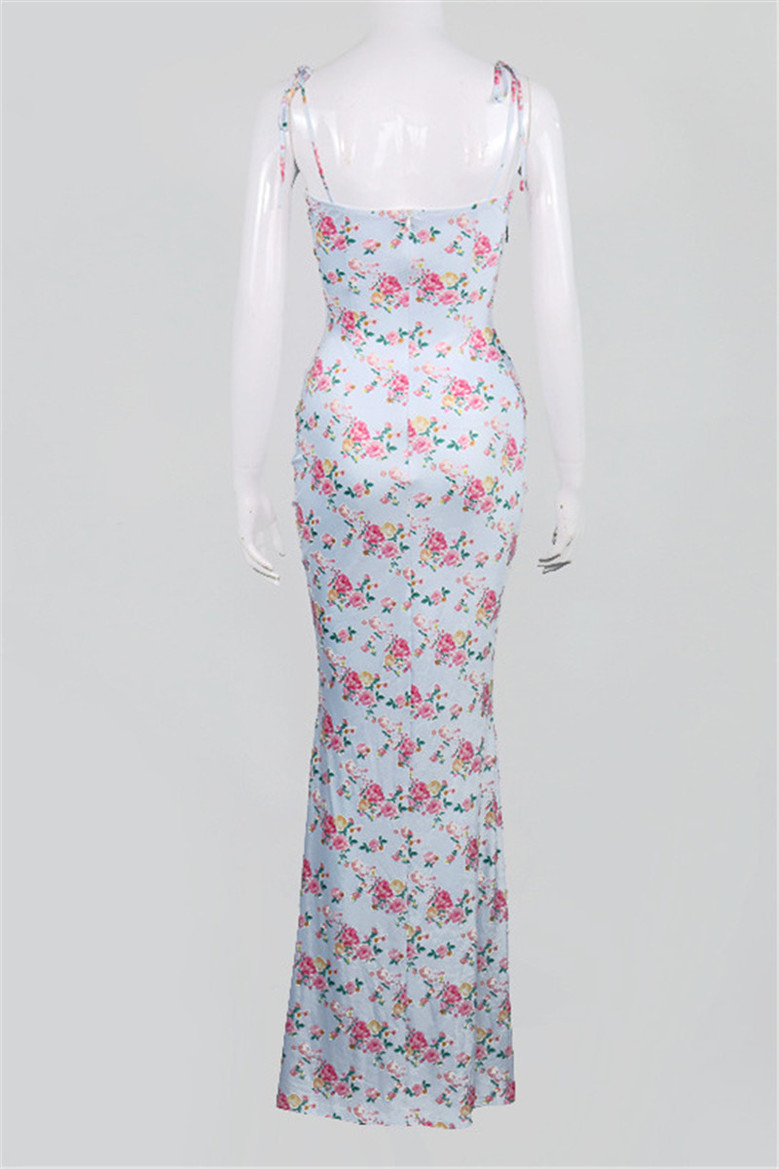 Autumn New Floral Print Stretch Sling Lace-Up Back Zip-Up Stylish Elegant Dress