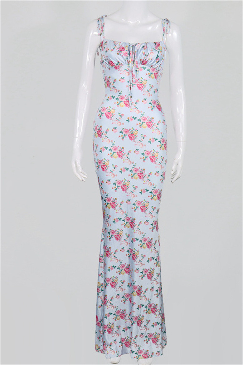 Autumn New Floral Print Stretch Sling Lace-Up Back Zip-Up Stylish Elegant Dress