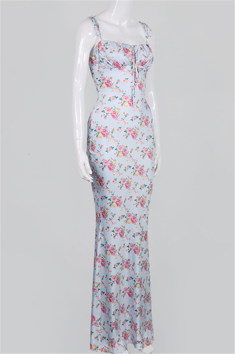 Autumn New Floral Print Stretch Sling Lace-Up Back Zip-Up Stylish Elegant Dress