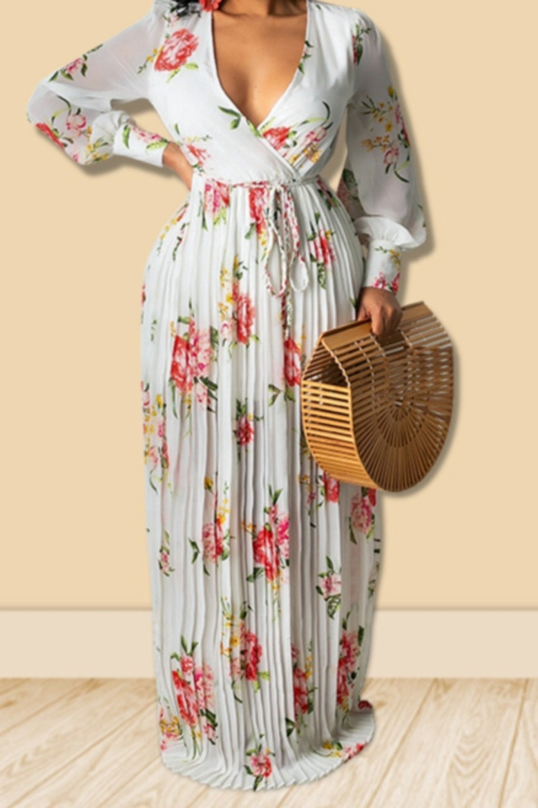 Autumn New Plus Size All-Over Floral Printing Inelastic V-Neck Tie-Waist Stylish Maxi Dress