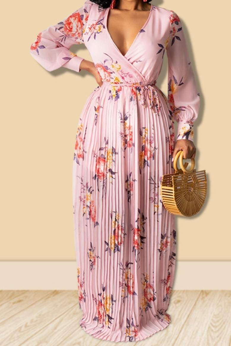 Autumn New Plus Size All-Over Floral Printing Inelastic V-Neck Tie-Waist Stylish Maxi Dress