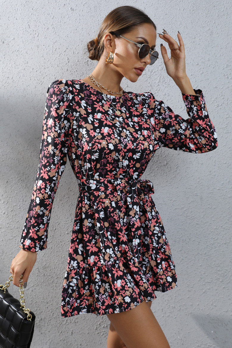 Autumn New Plus Size Floral Printing Inelastic Casual Minimalist Mini Dress With Belt